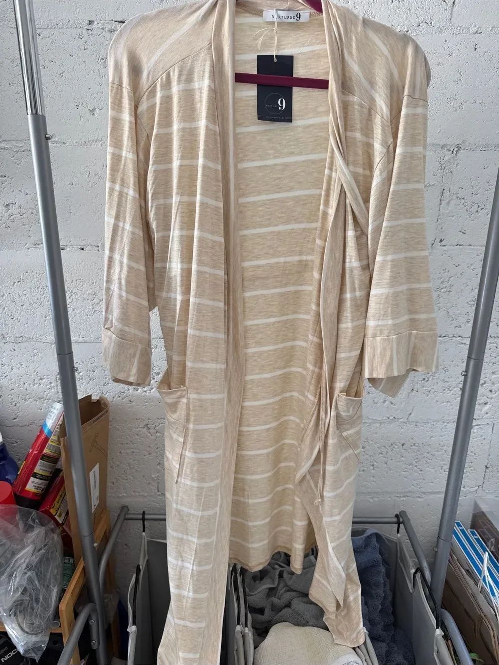 Striped Beige & White Duster Cardigan Nurtured 9 Maternity Robe - SUPER SOFT NEW